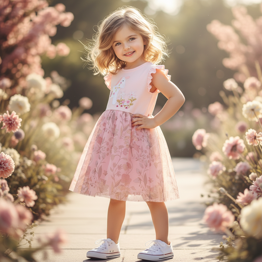 100% Cotton Pink Floral Tulle Dress With Embroidered Horse Applique