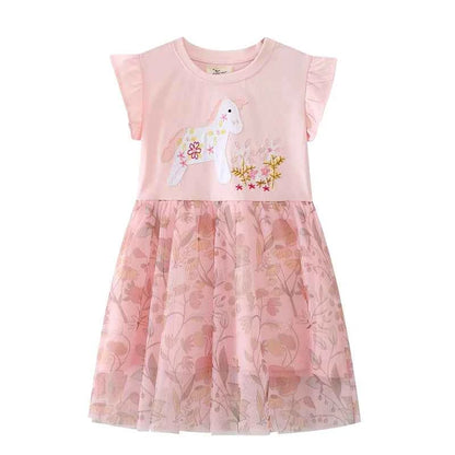 100% Cotton Pink Floral Tulle Dress With Embroidered Horse Applique