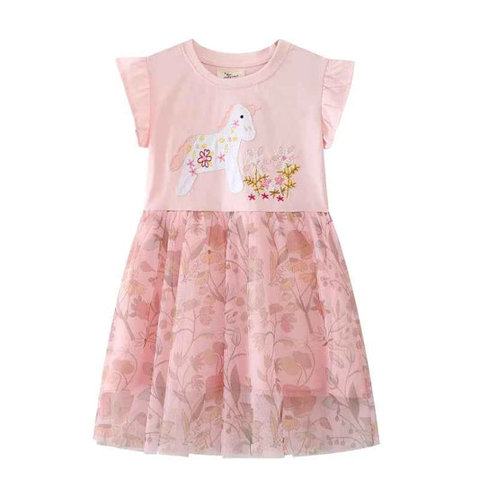 100% Cotton Pink Floral Tulle Dress With Embroidered Horse Applique