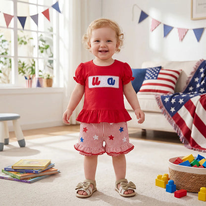 USA Ruffle Sleeve Top & Star Applique Shorts Set