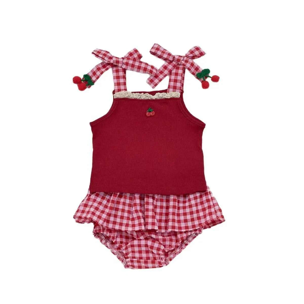 Cotton Red Cherry Tank Top & Plaid Skirt Bloomer Set