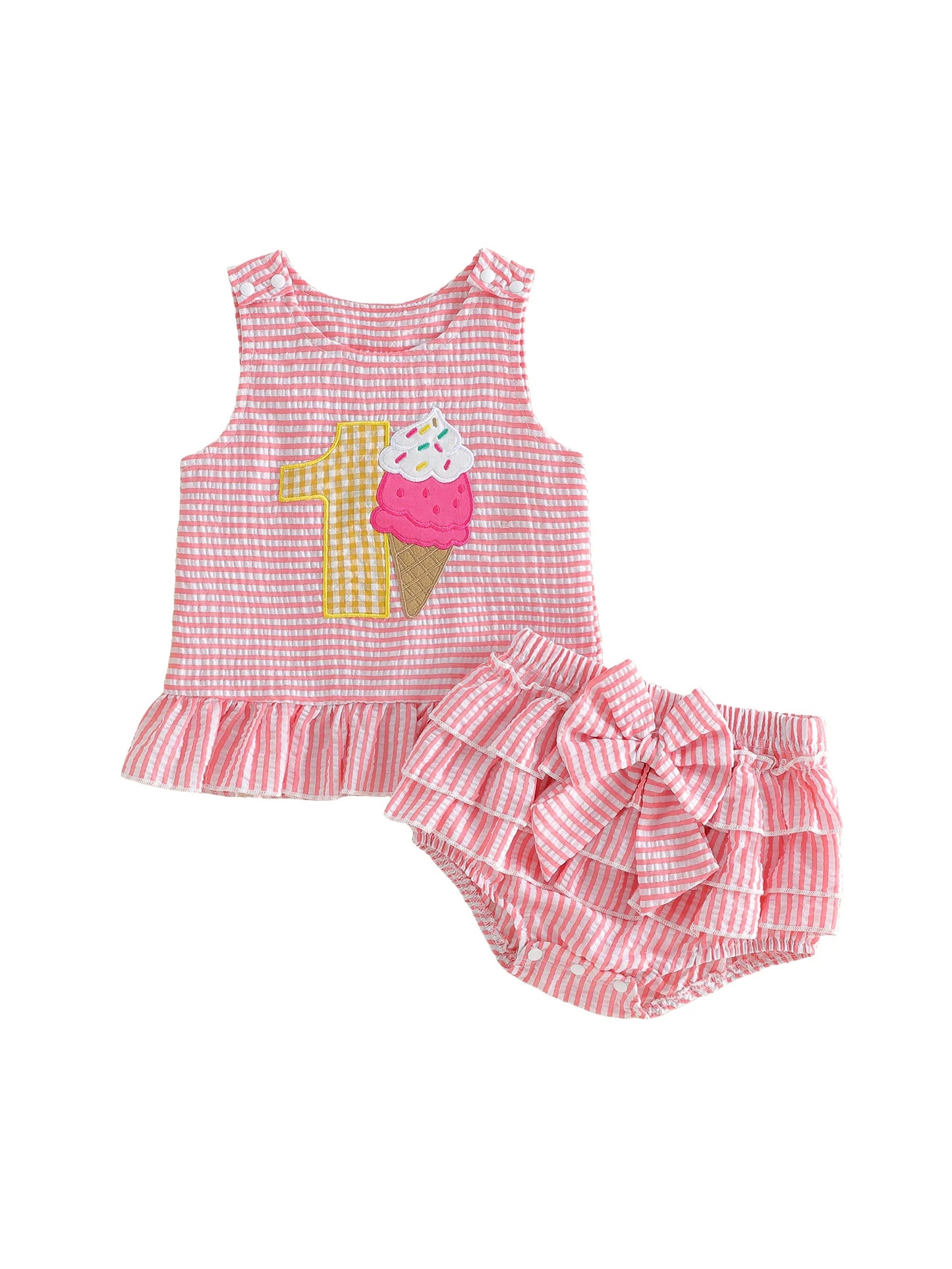 Pink Stripe Ice Cream Number One Top & Ruffled Bloomer Set