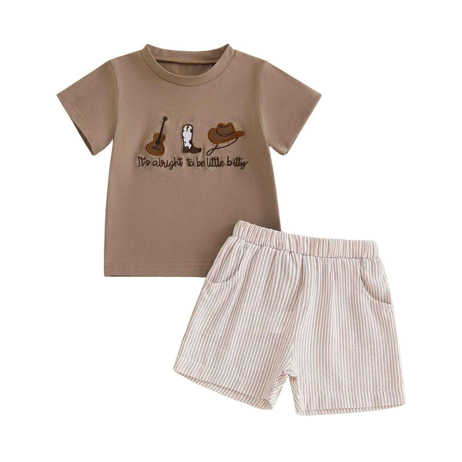 Cotton Brown Embroidered T-shirt & Striped Elastic Waist Shorts Set