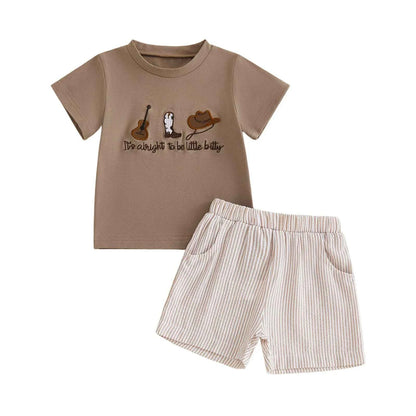 Cotton Brown Embroidered T-shirt & Striped Elastic Waist Shorts Set