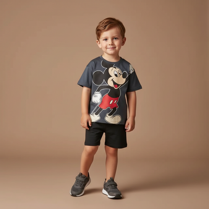 Cotton Mickey Mouse Printed Tees & Black Shorts Set