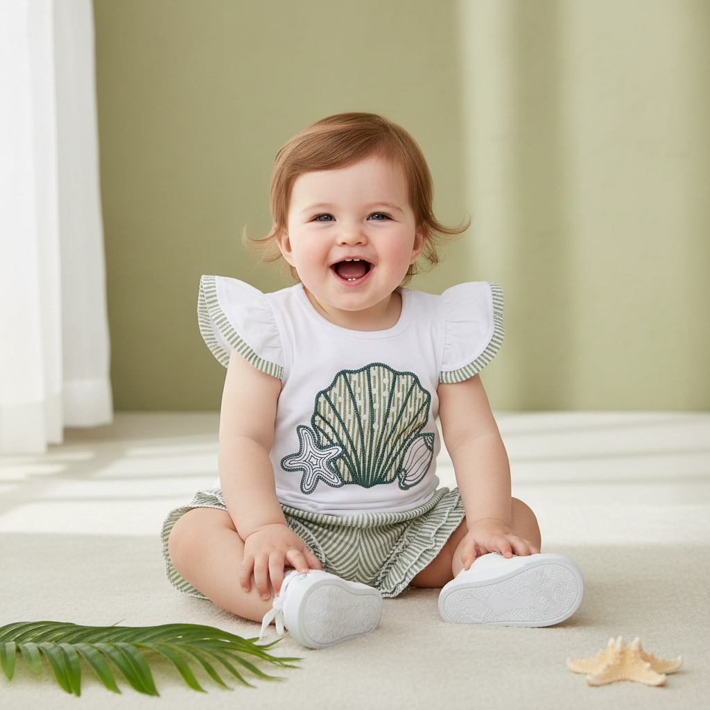 Cotton Seashell Embroidered Top & Striped Ruffle Shorts Set