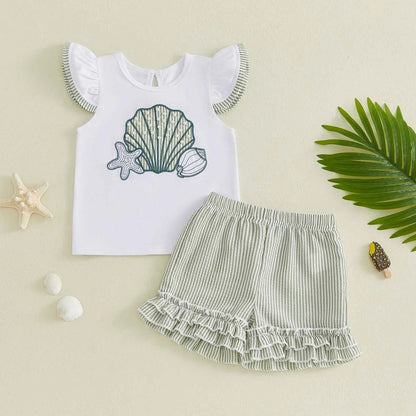 Cotton Seashell Embroidered Top & Striped Ruffle Shorts Set