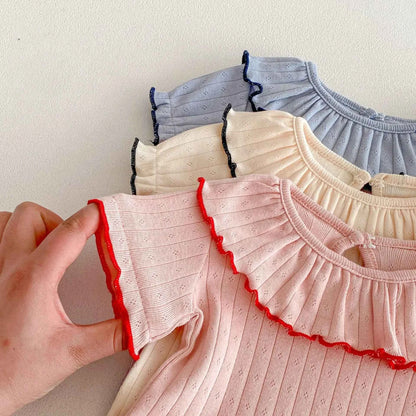 100% Cotton Ribbed Ruffle Collar Bodysuit Set Pink Cream Blue