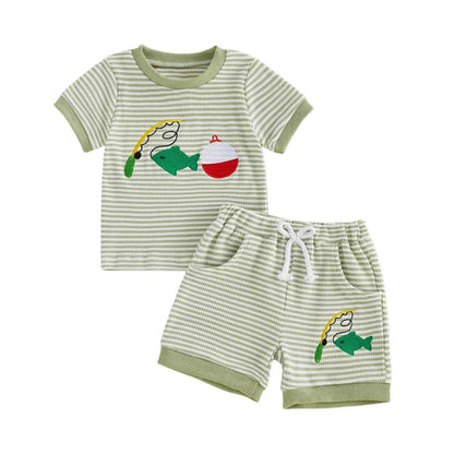 Cotton Striped Fishing Rod Tee & Shorts Set Green
