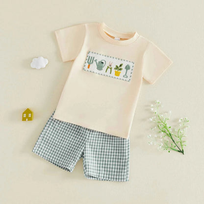 Cotton Garden Tools Embroidered Tee & Green Gingham Shorts Set
