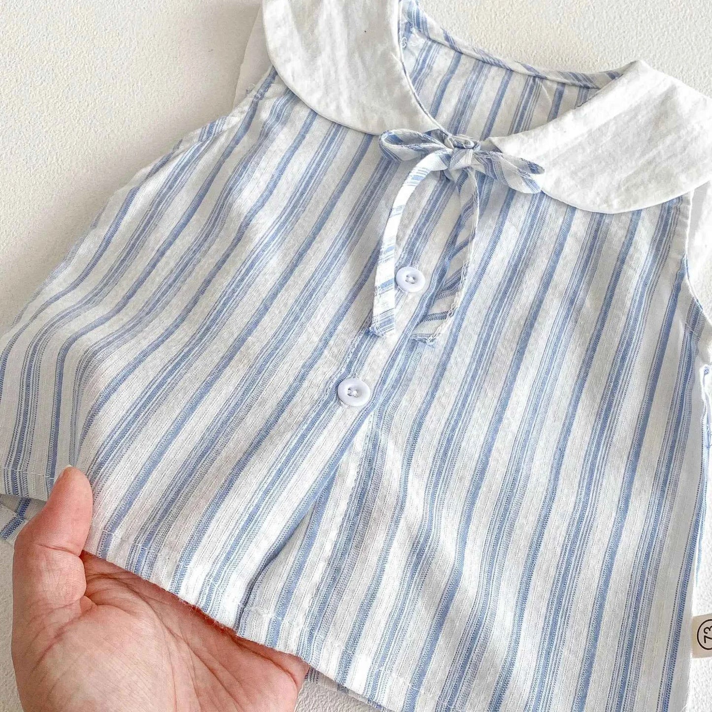 100% Cotton Striped Collar Top & Ruffle Bloomer Set With Pearl Bag
