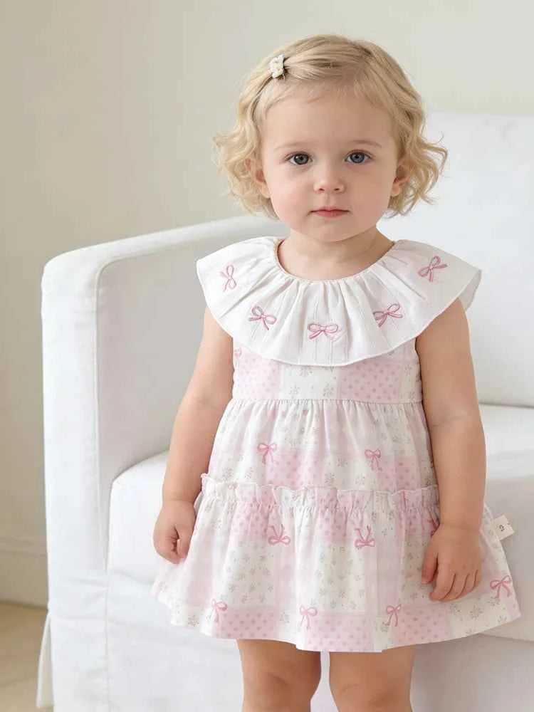 100% Cotton Pink Bow Ruffled Collar Dress