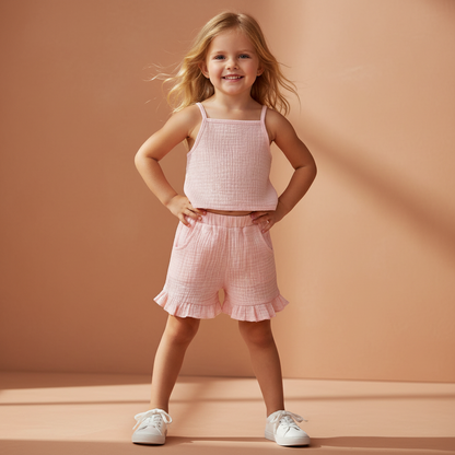 Cotton Ruffle Shorts & Tank Top Set Pastel Colors
