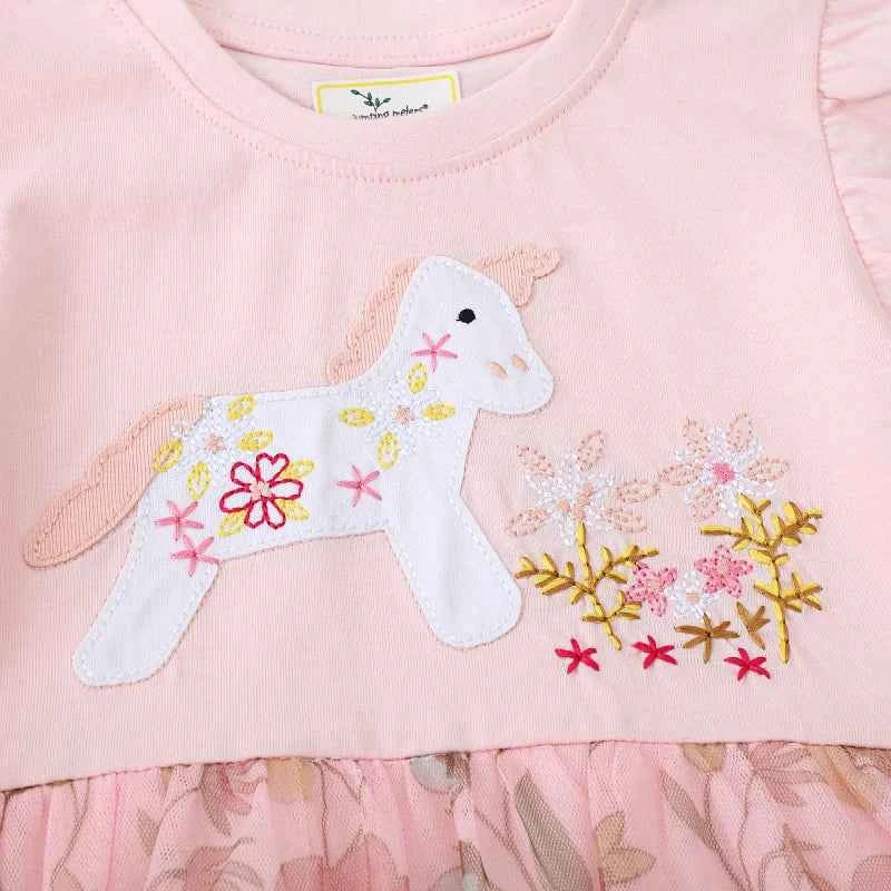 100% Cotton Pink Floral Tulle Dress With Embroidered Horse Applique