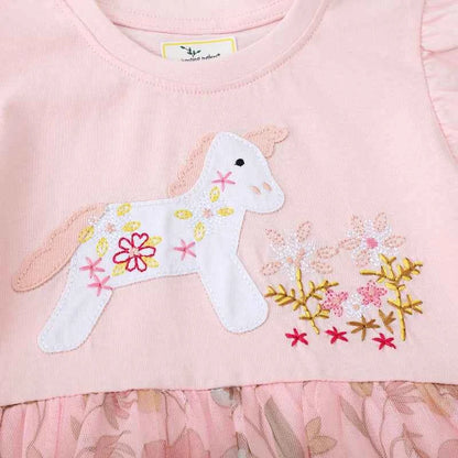 100% Cotton Pink Floral Tulle Dress With Embroidered Horse Applique