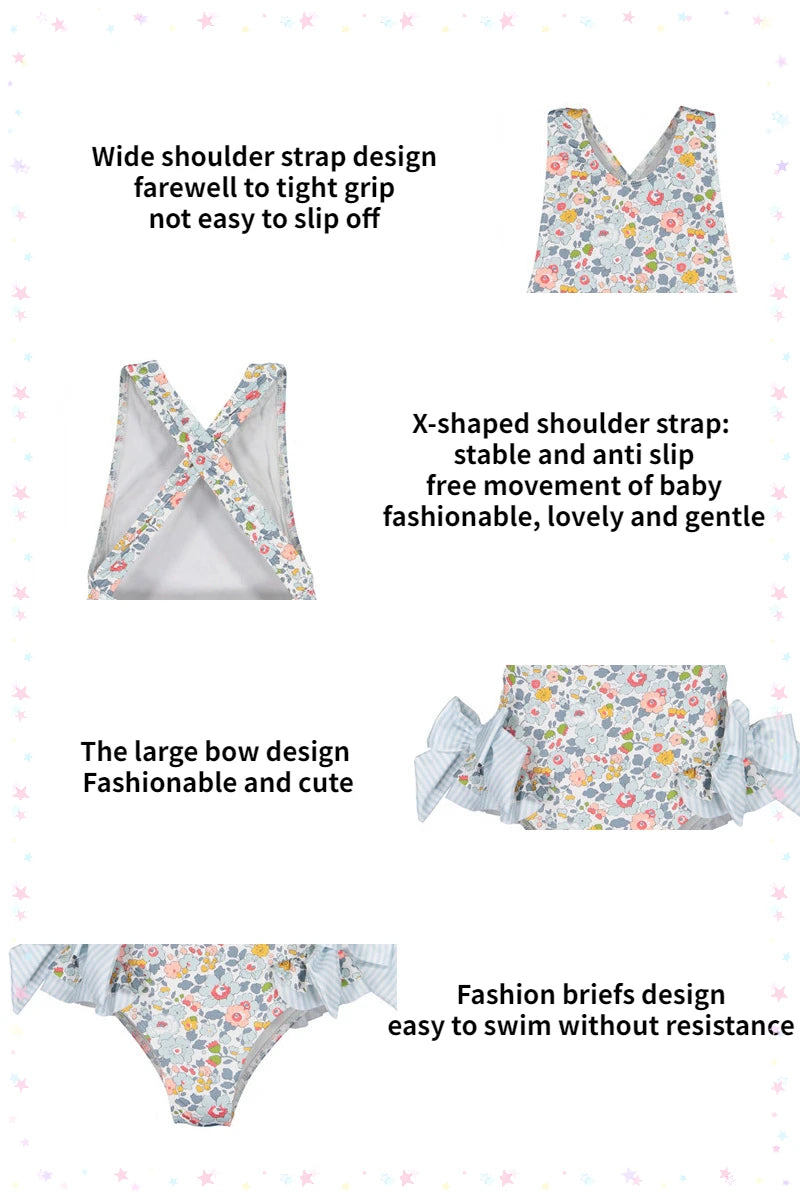 Floral Ruffle Swimsuits With Striped Bow & Sleeve Detail