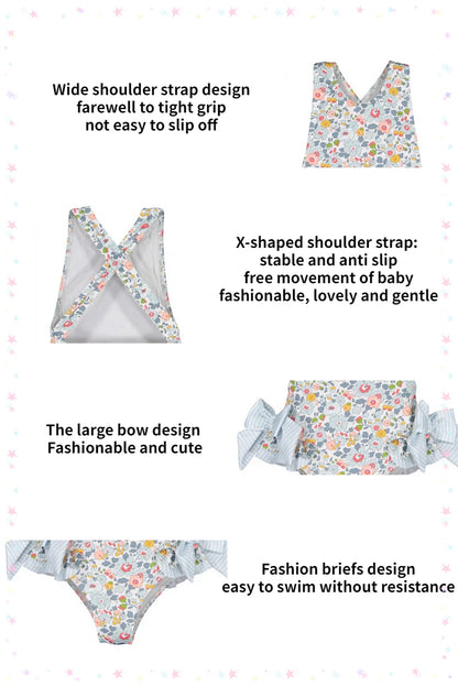 Floral Ruffle Swimsuits With Striped Bow & Sleeve Detail