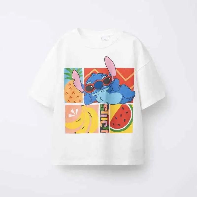 Cotton Stitch Cartoon Print Pastel & White Cotton Tees Set