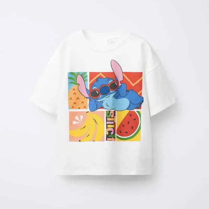 Cotton Stitch Cartoon Print Pastel & White Cotton Tees Set