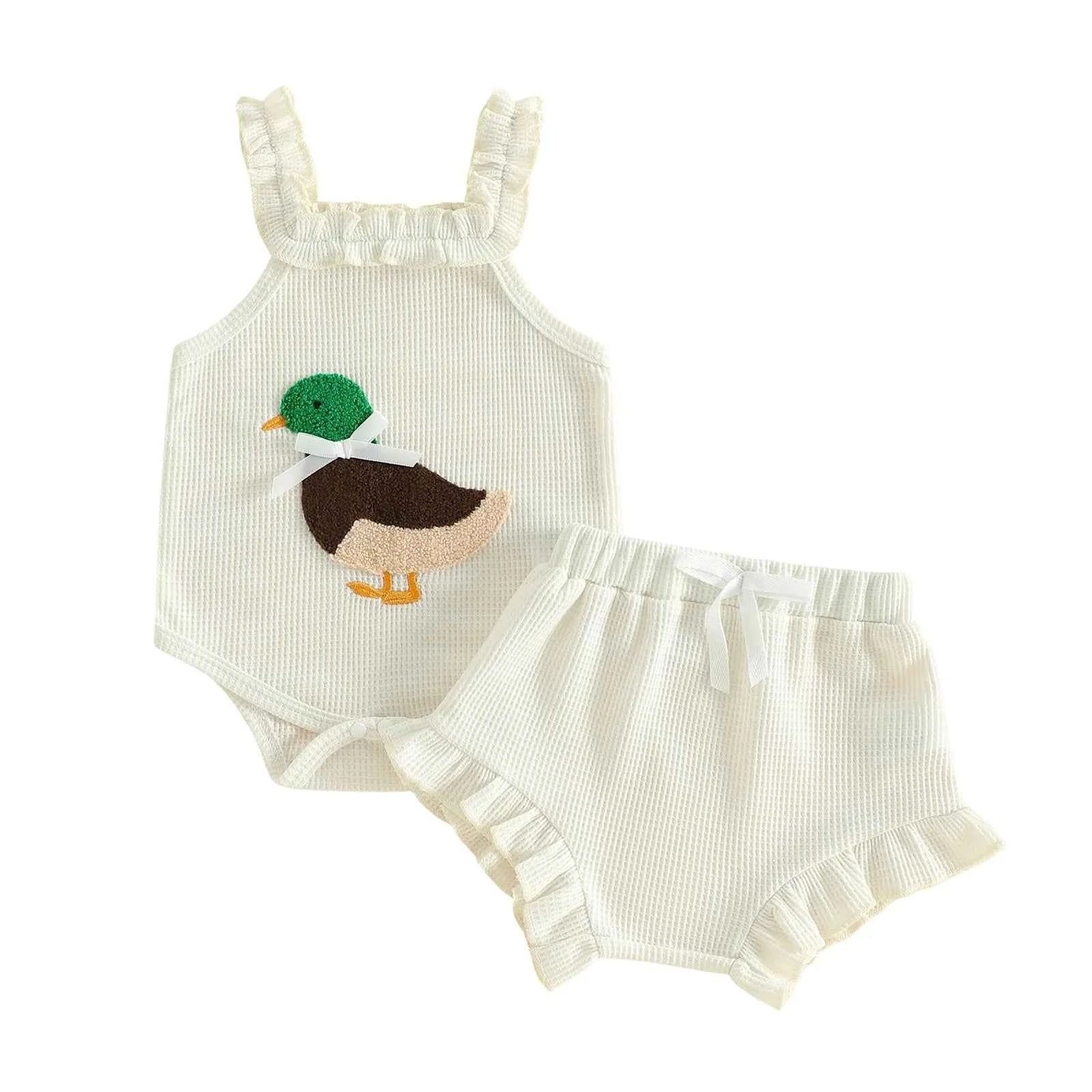 Cotton White Ruffle Duck Applique Romper With Shorts Set