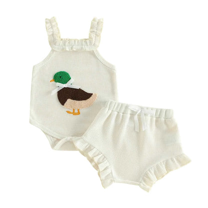 Cotton White Ruffle Duck Applique Romper With Shorts Set