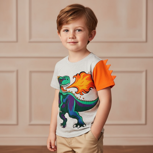 100% Cotton Fire Breathing Dinosaur T-Shirt With Spiked Sleeve
