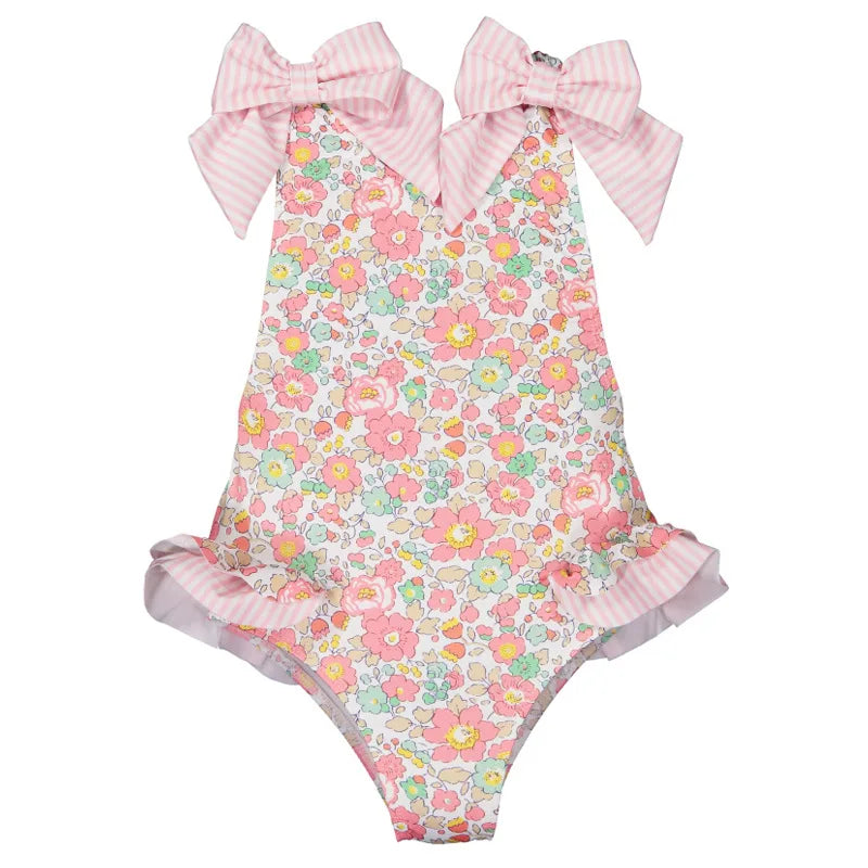 Floral Ruffle Swimsuits With Striped Bow & Sleeve Detail