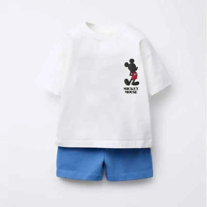 Cotton Inside Out & Mickey Mouse White Tshirts With Blue Shorts Set