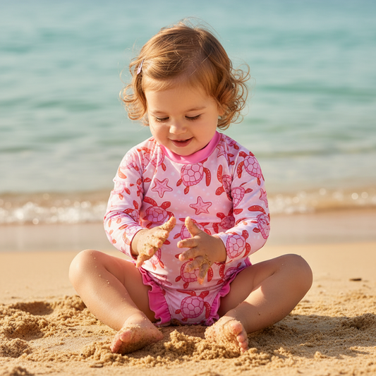 Pink Turtle Print Ruffle Long Sleeve Swimwear