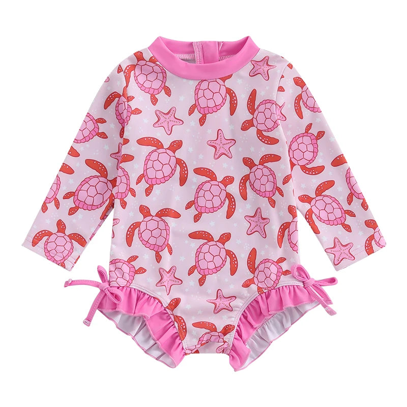 Pink Turtle Print Ruffle Long Sleeve Swimwear