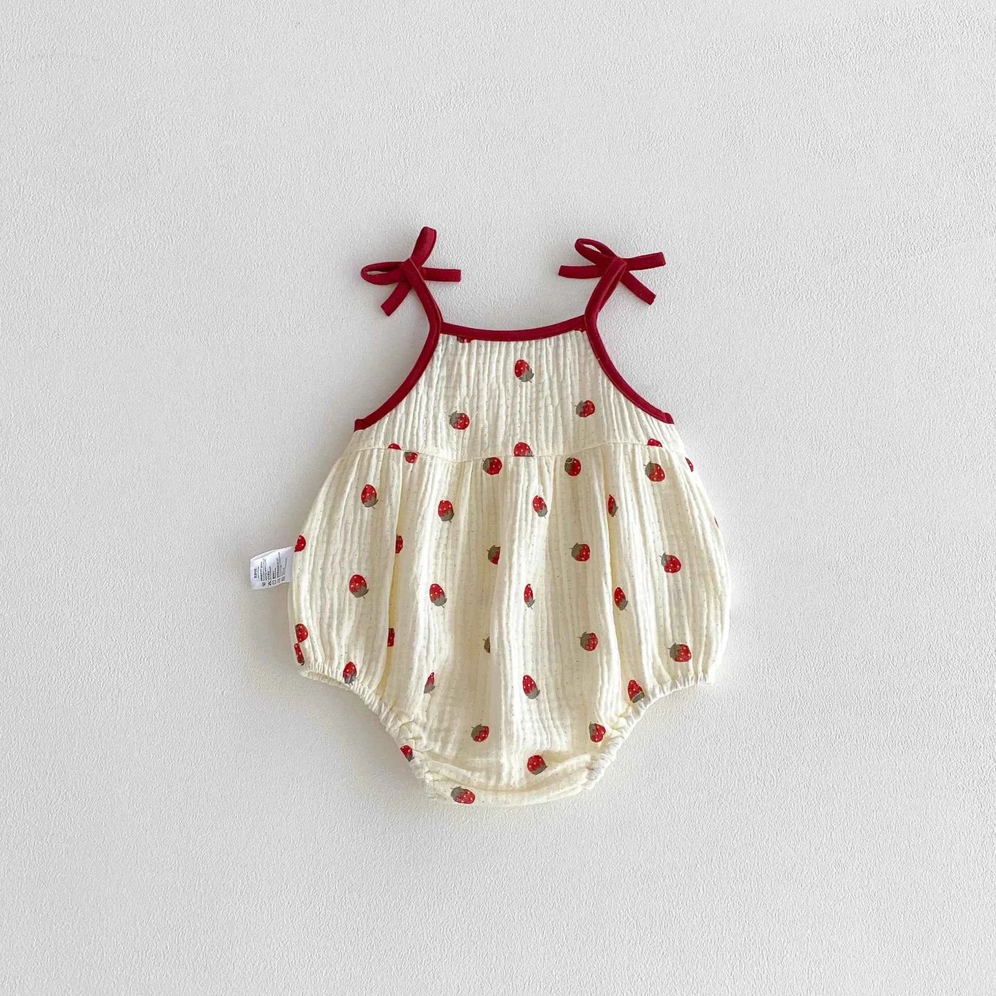 Cotton Strawberry Print Cotton Romper With Bow Straps