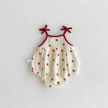 Cotton Strawberry Print Cotton Romper With Bow Straps