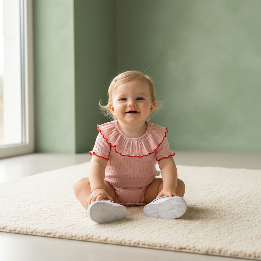 100% Cotton Ribbed Ruffle Collar Bodysuit Set Pink Cream Blue