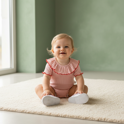 100% Cotton Ribbed Ruffle Collar Bodysuit Set Pink Cream Blue