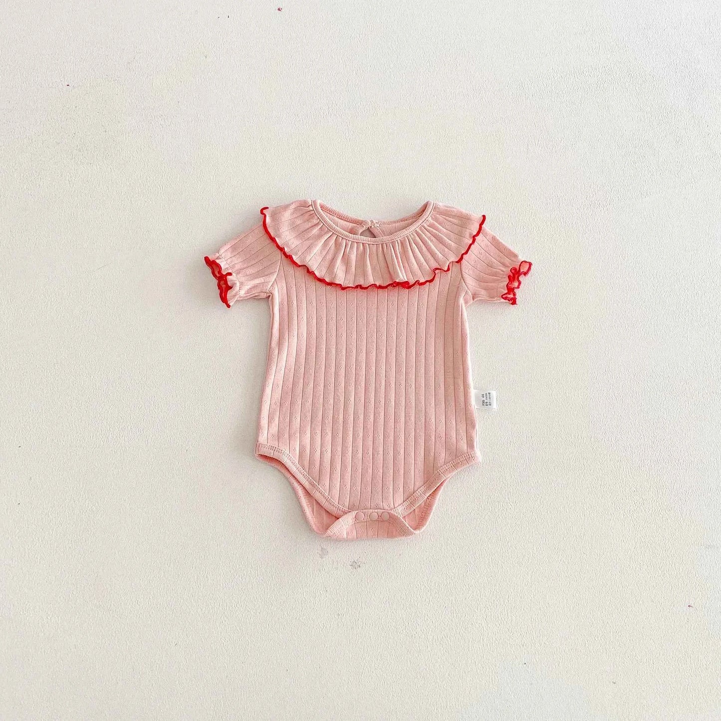 100% Cotton Ribbed Ruffle Collar Bodysuit Set Pink Cream Blue
