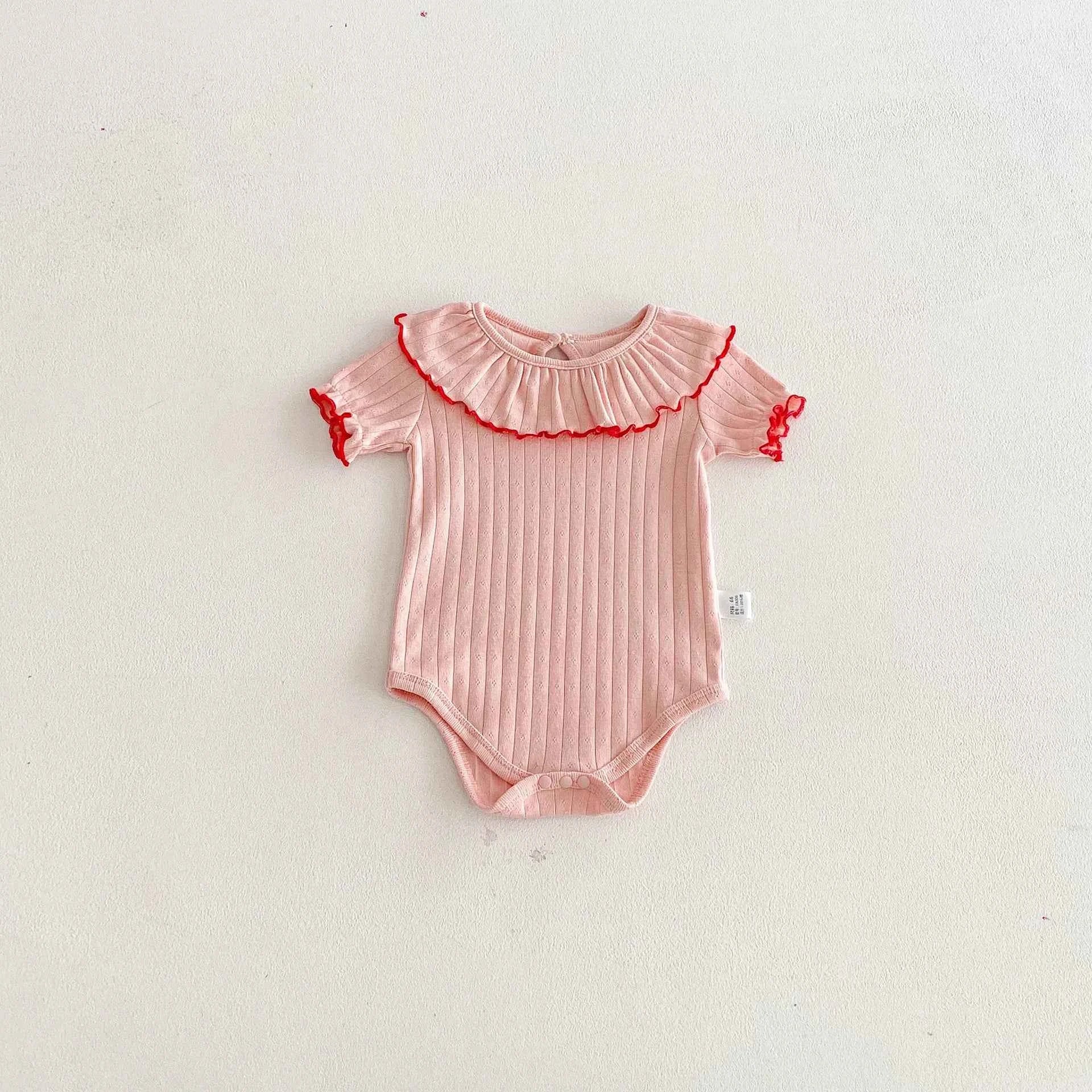 100% Cotton Ribbed Ruffle Collar Bodysuit Set Pink Cream Blue