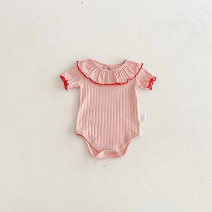 100% Cotton Ribbed Ruffle Collar Bodysuit Set Pink Cream Blue