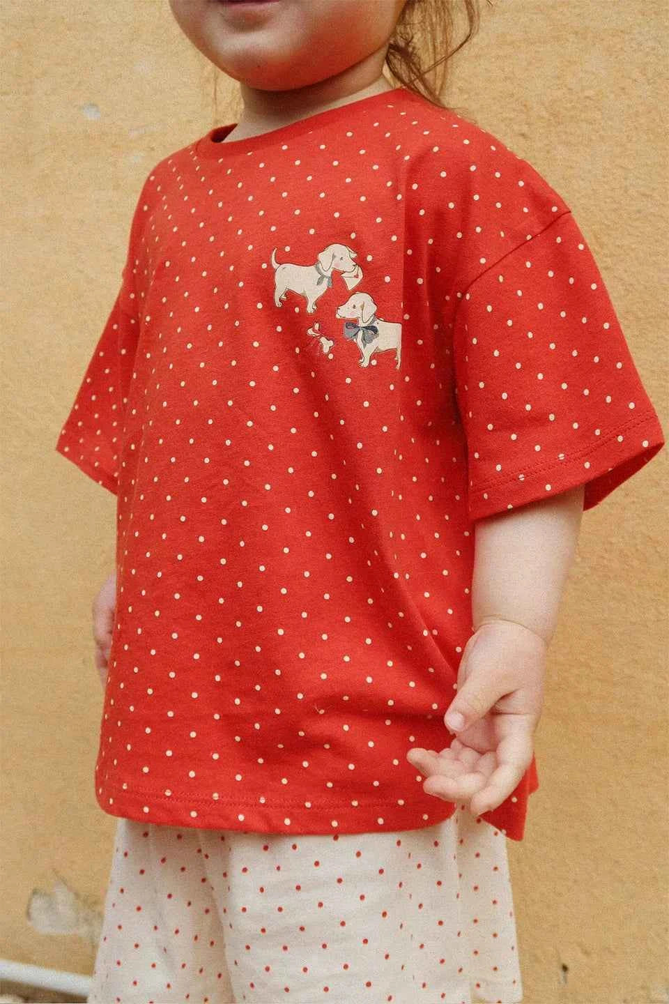 Cotton Dot Print T-Shirt & Shorts Set With Puppy Embroidery
