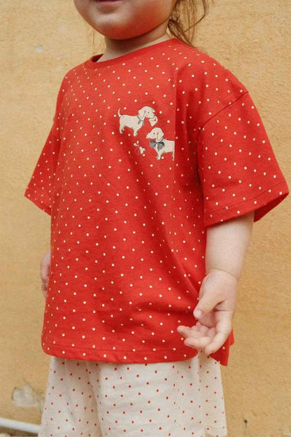 Cotton Dot Print T-Shirt & Shorts Set With Puppy Embroidery
