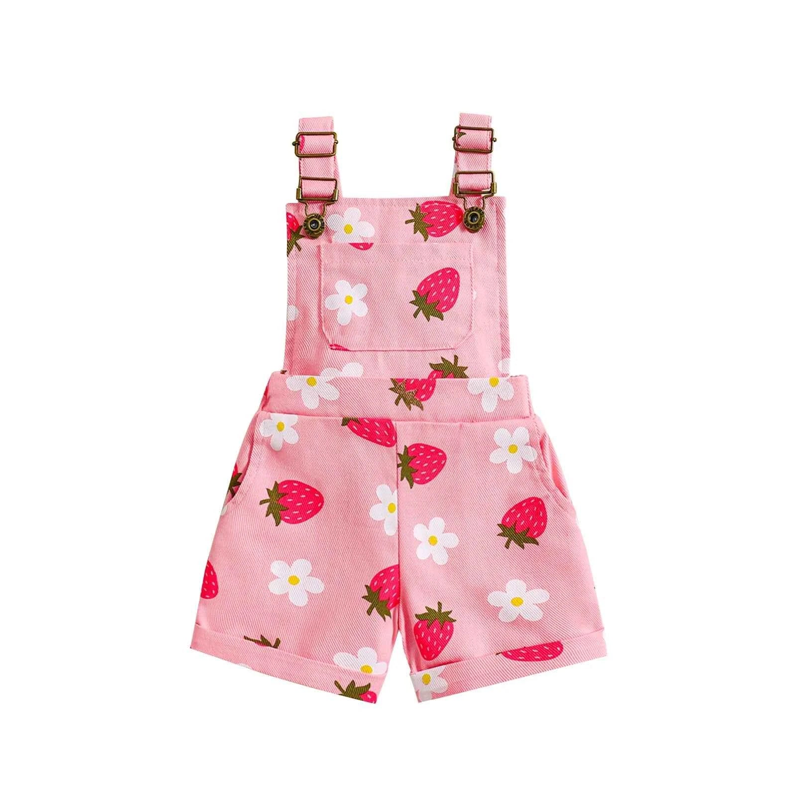 Cotton Floral & Strawberry Adjustable Strap Short Overalls