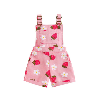 Cotton Floral & Strawberry Adjustable Strap Short Overalls
