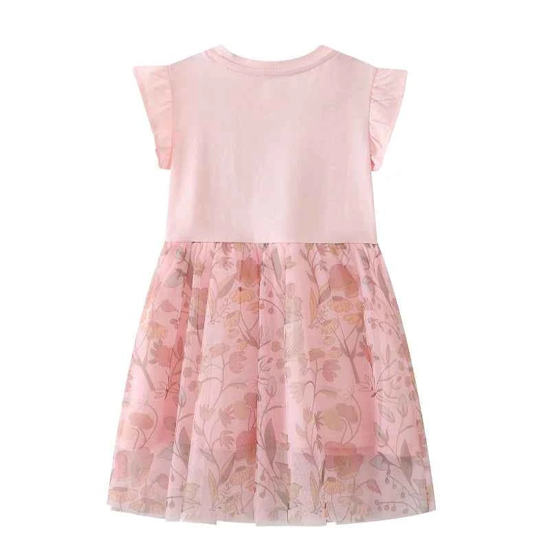 100% Cotton Pink Floral Tulle Dress With Embroidered Horse Applique