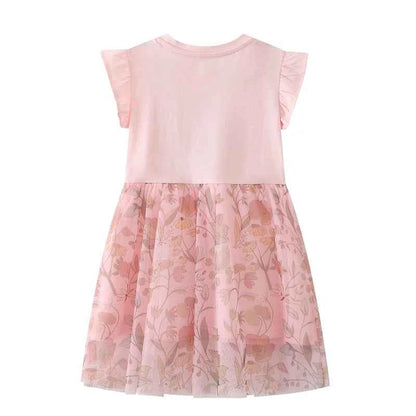 100% Cotton Pink Floral Tulle Dress With Embroidered Horse Applique