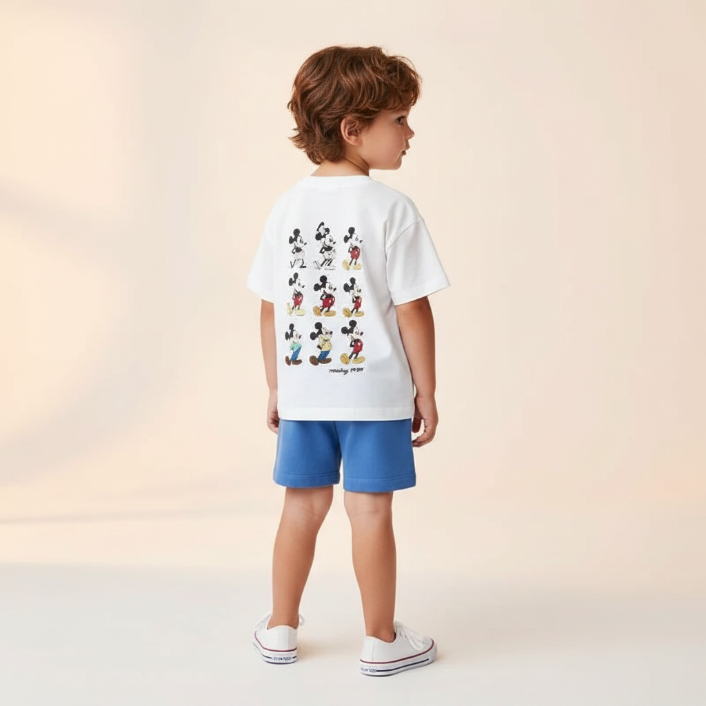 Cotton Inside Out & Mickey Mouse White Tshirts With Blue Shorts Set