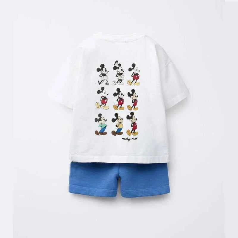 Cotton Inside Out & Mickey Mouse White Tshirts With Blue Shorts Set