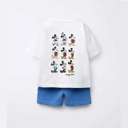 Cotton Inside Out & Mickey Mouse White Tshirts With Blue Shorts Set