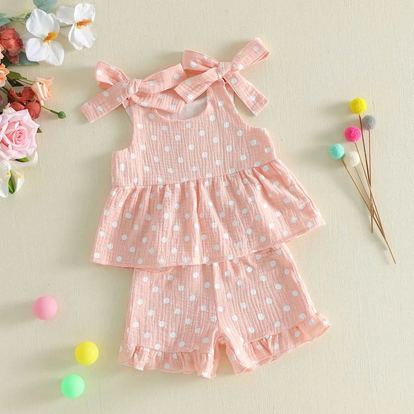 Pink Polka Dot Bow Tie Ruffle Top & Shorts Set