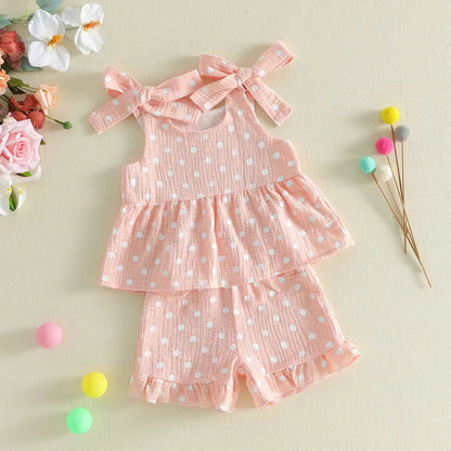 Pink Polka Dot Bow Tie Ruffle Top & Shorts Set