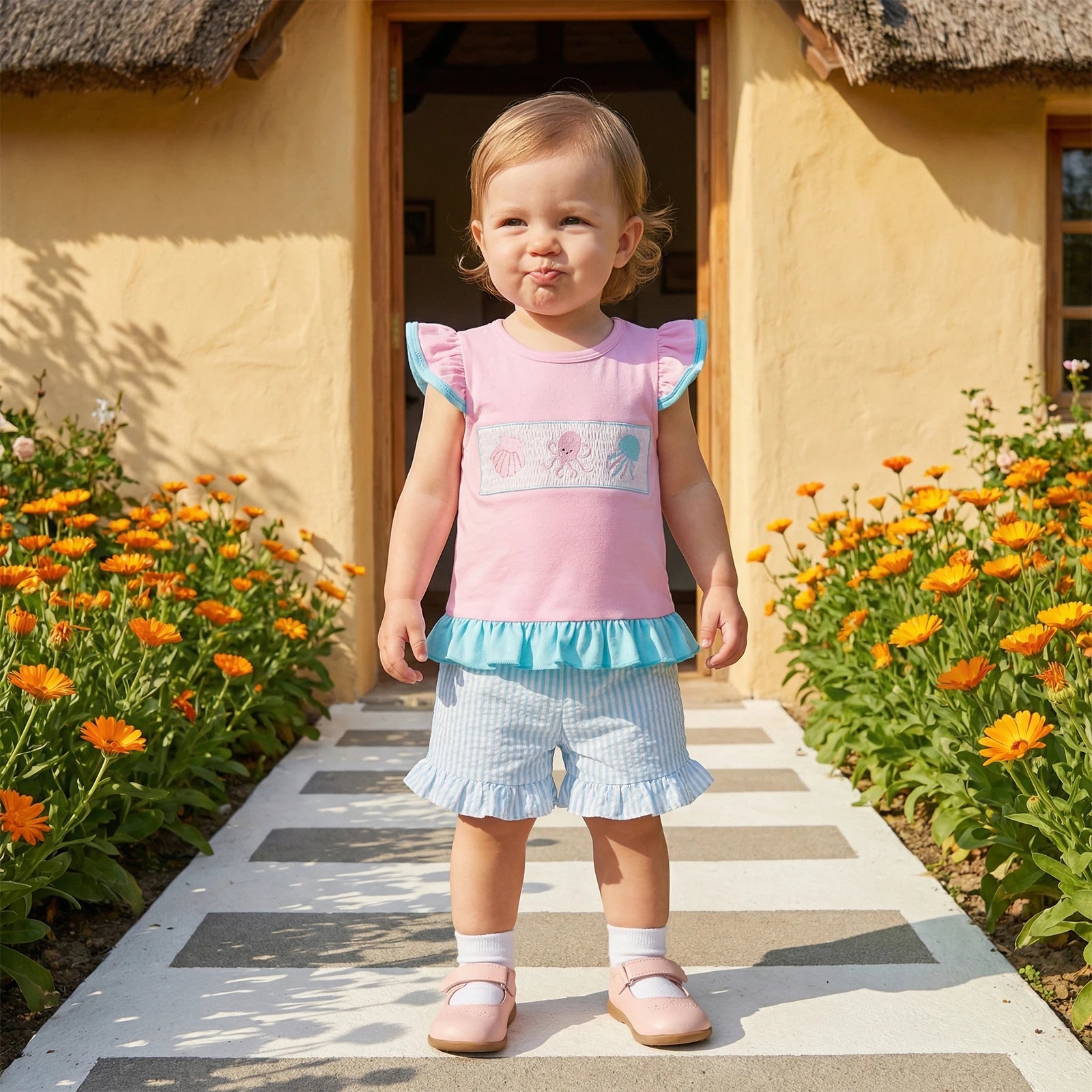 Pink Ruffle Sleeve Top & Blue Ruffle Shorts Set
