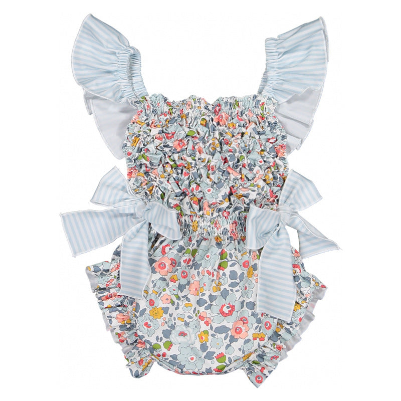 Floral Ruffle Swimsuits With Striped Bow & Sleeve Detail